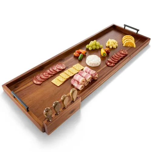 36" Large Charcuterie Tray with Handles & 4 Knives Set - Extra Long Wooden Serving Cheese Boards - Extra Large Charcuterie Board Serving Platter - Acacia Wood Serving Board (Acacia 36 Inch)