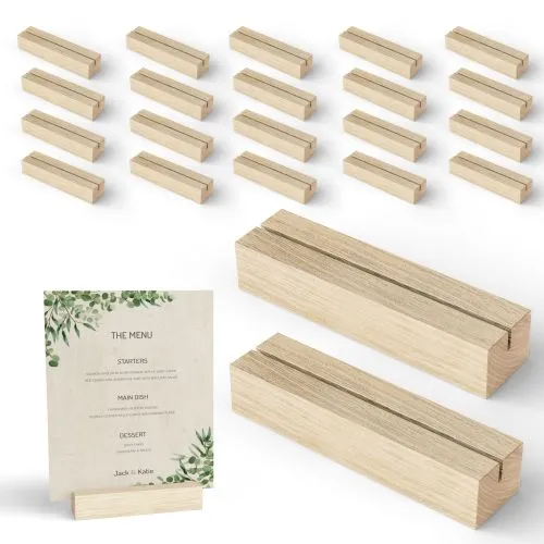 Place Card Holder 4.8x1.2x1- Wood Acrylic Sign Holders 20 Pack - Oak Wood Table Card Display Stands, Perfect for Table Number Signs, Wedding Party Events (Natural Color Pack20)