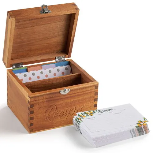 Acacia Wood Recipe Box with Cards - Blank Recipe Box Wooden Set Come with 100 4x6 Recipe Cards, 8 Dividers. Perfect Recipe Organizer (Acacia Wood)