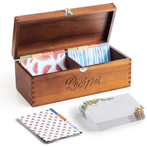 Acacia Wood Recipe Box with Cards - Wooden Blank Recipe Box Double Compartment Set Come with 100 4x6 Recipe Cards, 8 Dividers, Cards Made with Thick Card Stock - Perfect Recipe Organizer