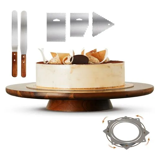 13" Acacia Cake Stand Rotating – Rustic Cake Stand Set Turntable with 2 Icing Spatulas, 3 Smoothers – Wooden Revolving Spinner Cake Decorating Supplies - Use at Parties, Wedding (Acacia Wood)