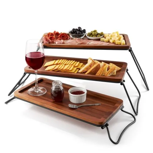 3 Tier Serving Tray Acacia Wood - Cupcake Stand & Tower Serving Trays - 3 Tiered Wooden Large Serving Platter for Dessert - Food Display Stands & Charcuterie Board for Party, Picnic, Buffet