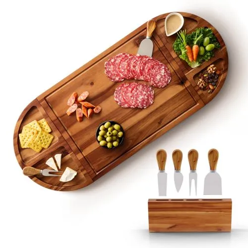 Acacia Large Charcuterie Board & 4 Knives Set - 3 Part Long & Round Magnetic Cheese Boards Wooden - Extra Large Charcuterie Board Serving Platter - Acacia Wood Serving Board (30 x 13 Inch)