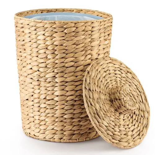 3 Gallons Wicker Waste Basket with Lid - Large Wicker Trash Can for Office - WasteBaskets for Bedroom, Bathroom, Kitchen, Living Room - Boho Handwoven Trash Cans for Garbage (Water Hyacinth)