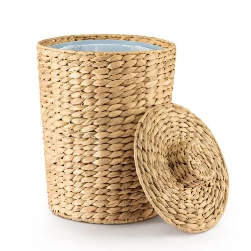 1.3 Gallons Wicker Waste Basket with Lid - Large Wicker Trash Can for Office - WasteBaskets for Bedroom, Bathroom, Kitchen, Living Room - Boho Handwoven Trash Cans for Garbage (Water Hyacinth)