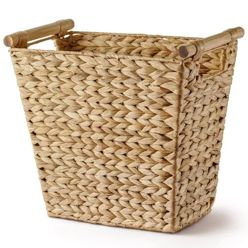 Wicker Waste Basket - Trash Basket with Wooden Built-in Handles - Wastebaskets for Bedroom, Bathroom, Kitchen, Living Room, Office - Handwoven Trash Cans for Under Sink, Garbage Can (Water Hyacinth)